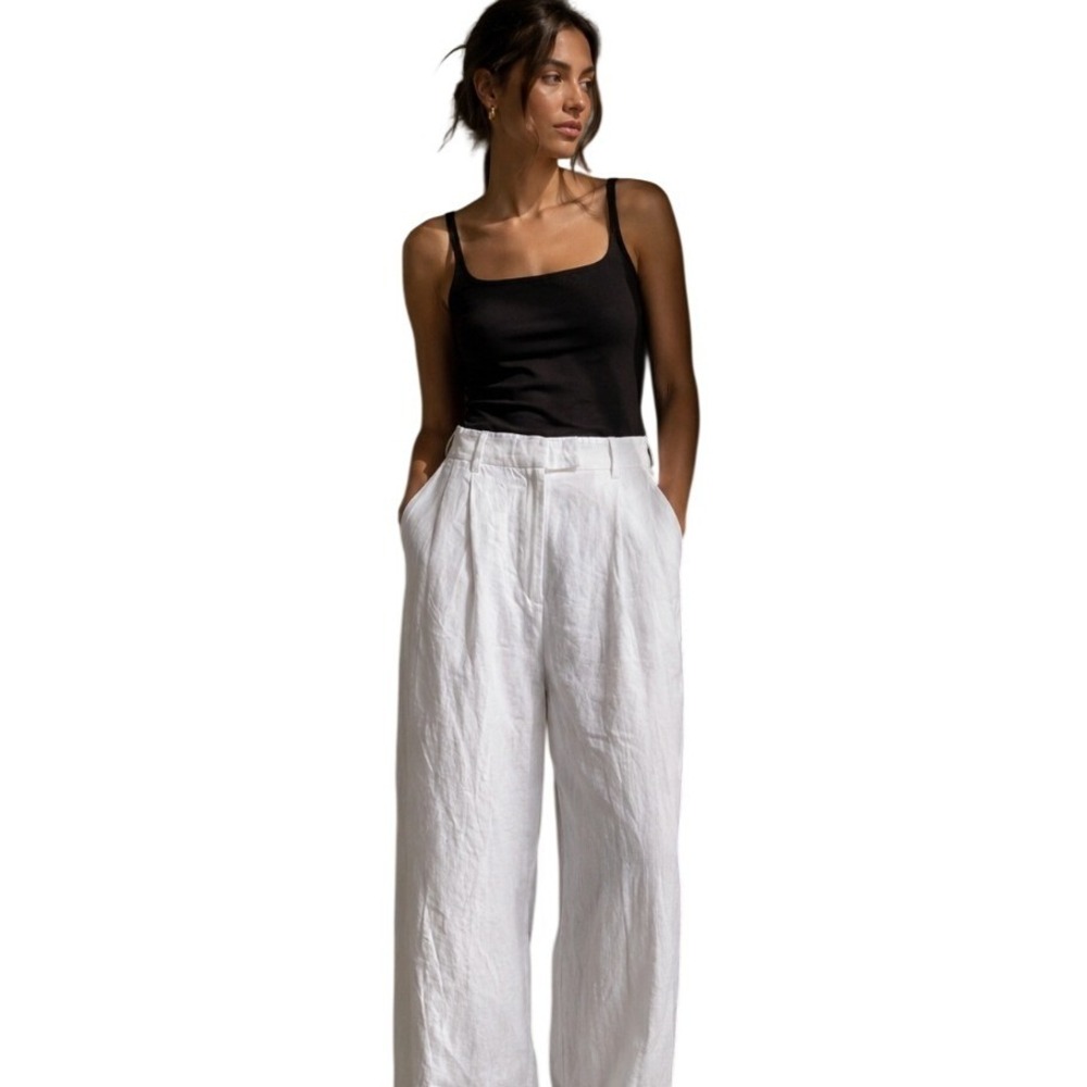 Abercrombie & Fitch Curve Love Linen Blend Wide Leg Pants 14L White Summer Beach